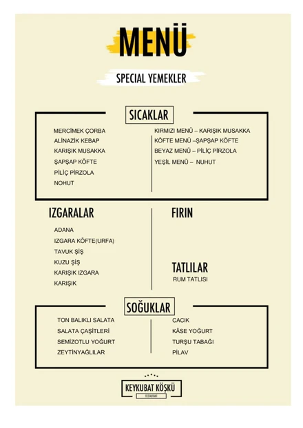 KEYKUBAD KÖŞKÜ YEMEK MENÜSÜ (21.06.2023)